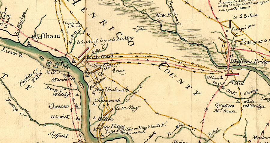 in 1781, Lafayette (yellow line) could only shadow the British (red line) as they chose to raid Richmond and destroy supplies throughout Virginia