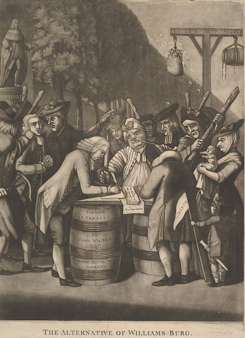 a Williamsburg merchant was threatened by tar and feathers hanging from a pole outside the Raleigh Tavern, forcing him to sign the non-importation agreement