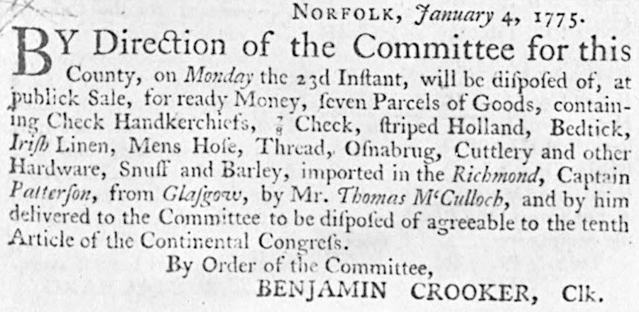 goods imported from Great Britain after adoption of the Association were seized and sold