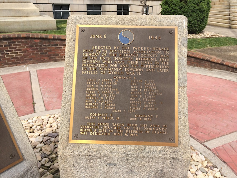 a plaque at the Bedford County Courthouse honors the soldiers from Bedford who died on D-Day (June 6, 1944)