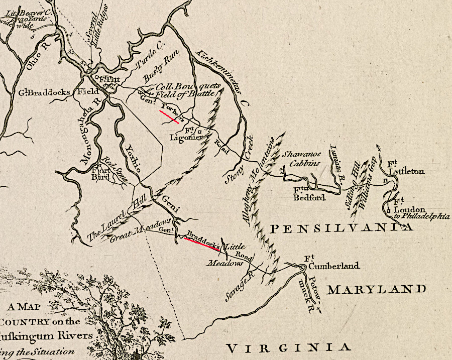 General Forbes abandoned Braddock's Road and built a new, more-direct route to the Forks of the Ohio