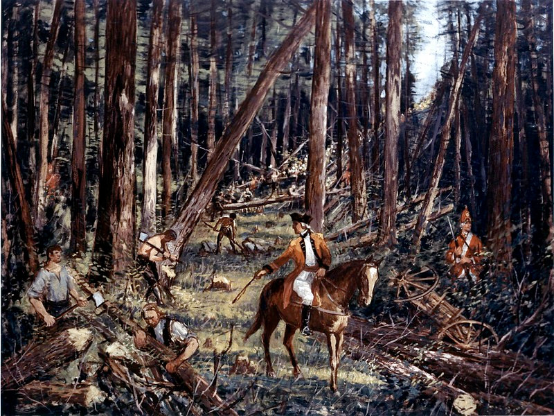General Braddock's engineers cut a new road through wooded wilderness from Cumberland, Maryland towards the Forks of the Ohio