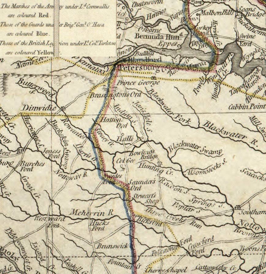 Lord Cornwallis marched from Wilmington, North Carolina to Petersburg to combine forces with General William Phillips