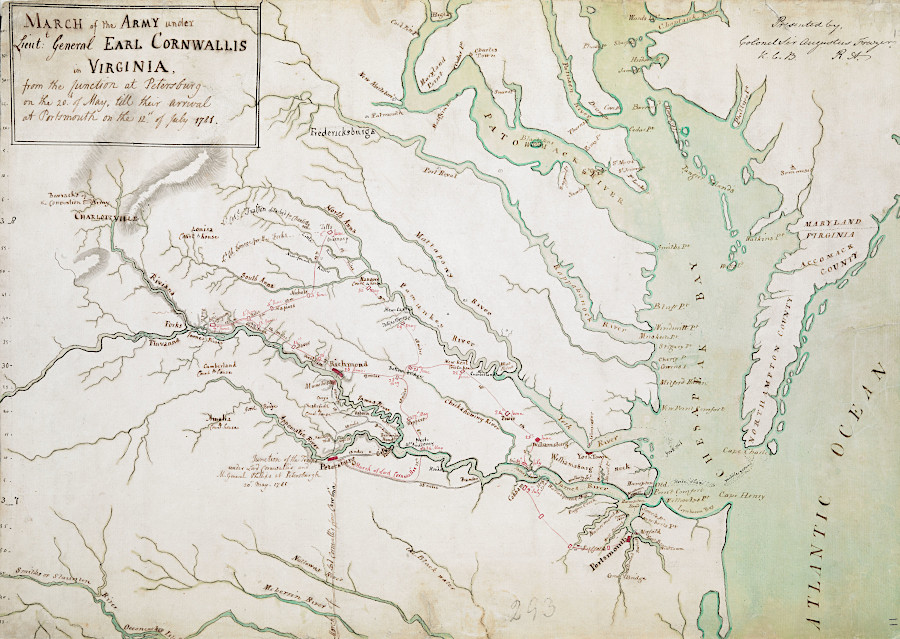 Cornwallis marched through Virginia's Piedmont before planning to camp at Portsmouth, and then going to Yorktown