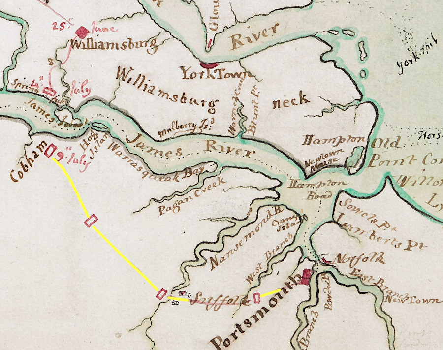 Cornwallis unloaded his troops at Cobham and marched to Portsmouth, anticipating General Clinton would send reinforcements there from New York City