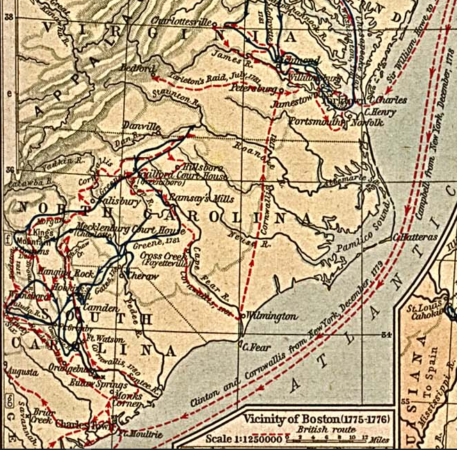 in 1781 Cornwallis marched from Wilmington to Petersburg, then to Portsmouth and finally to Yorktown