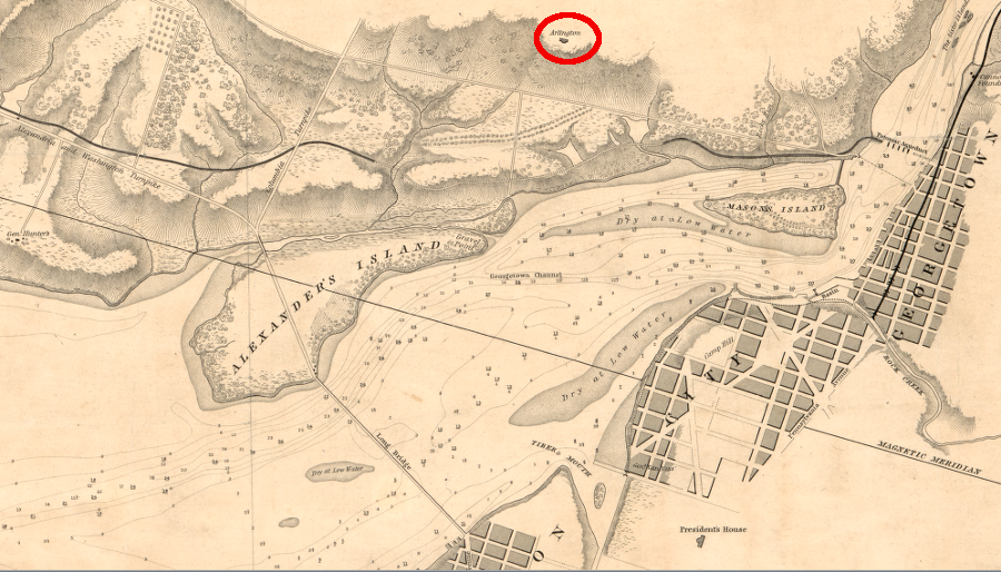the Arlington plantation house of the Lee family was built on a ridge above the floodplain, and had an unobstructed view of the Potomac River