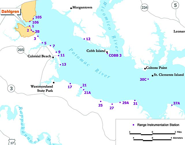 Dahlgren manages the Potomac River Test Range, with multiple instrumentation stations downstream