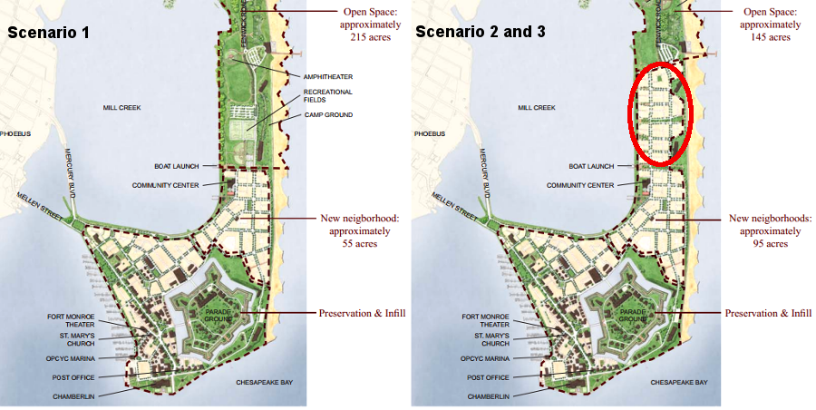 Scenario 1 from Dover Kohl proposed 55 acres of residential development at the Wherry Quarter, while Scenarios 2 and 3 proposed 40 more acres of residential development and an equal reduction of open space