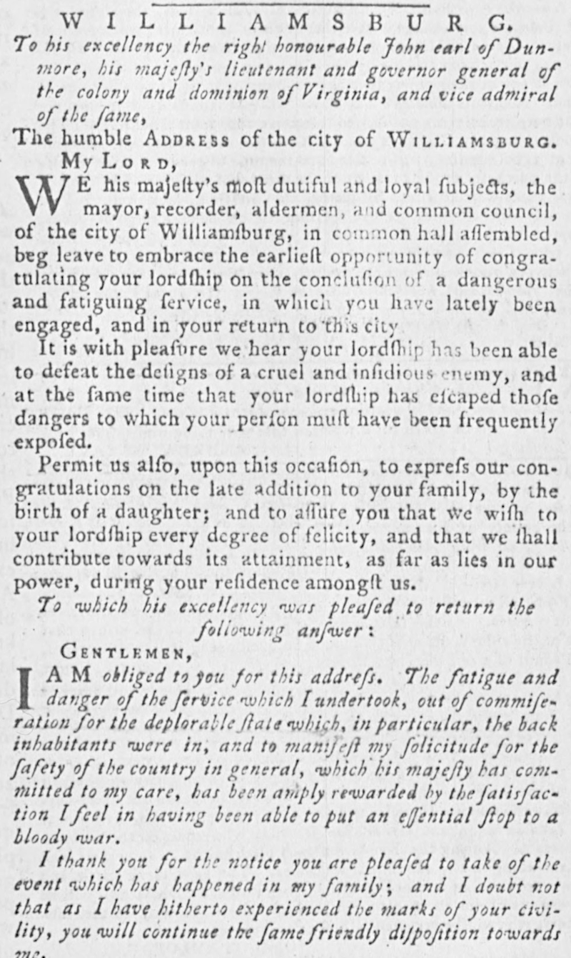 Governore Dunmore was warmly welcomed in Williamsburg upon his return in December 1774 from Camp Charlotte near Chillicothe, Ohio