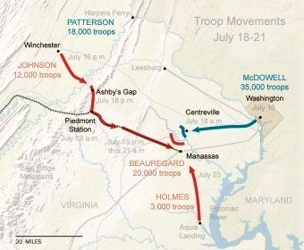 the Confederate army in the Shenandoah Valley marched across the Blue Ridge and rode the Manassas Gap Railroad eastward in mid-July, 1861; those extra forces on the battlefield were key to the Confederate victory at First Manassas