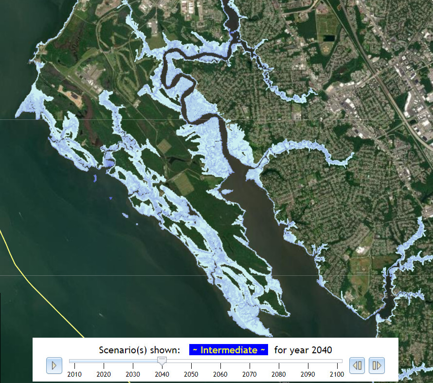 sea level rise could flood the edges of Mulberry Island by 2040