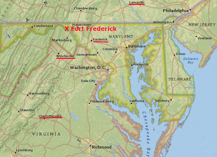 Thomas Jefferson sent Convention prisoners from the Albemarle Barracks near Charlottesville to Fort Frederick and the town of Frederick, 