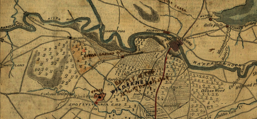 General Grant chose to start the 1864 campaign on the west side of the Confederate line on the Rapidan River and rely on wagons to transport supplies, rather than use steamboats on the Potomac River to bring food/ammunition to the base at Belle Plain