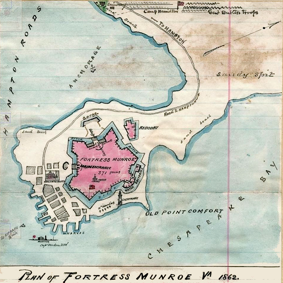 Robert Knox Sneden sketched Fort Monroe and Camp Hamilton in 1862