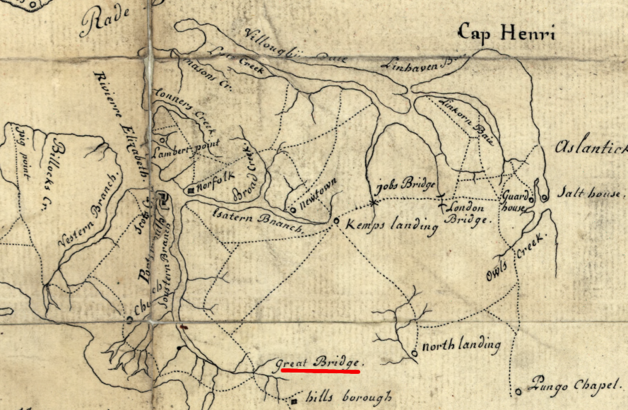 French engineers in 1781 mapped the location of Great Bridge, south of Norfolk