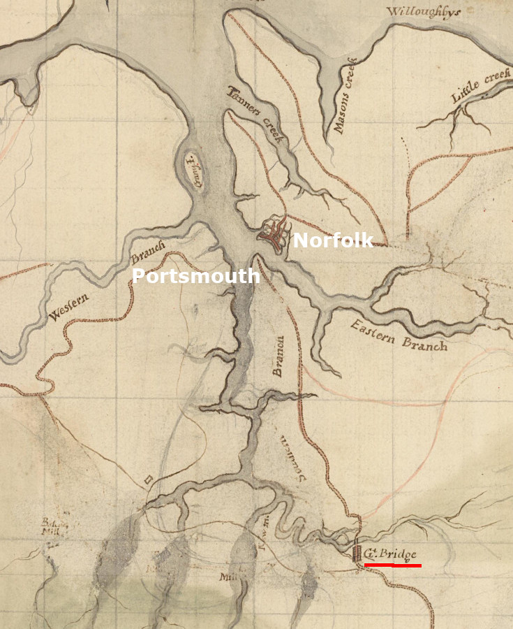 in 1775, travelers coming from the west by land to Norfolk had to cross Great Bridge