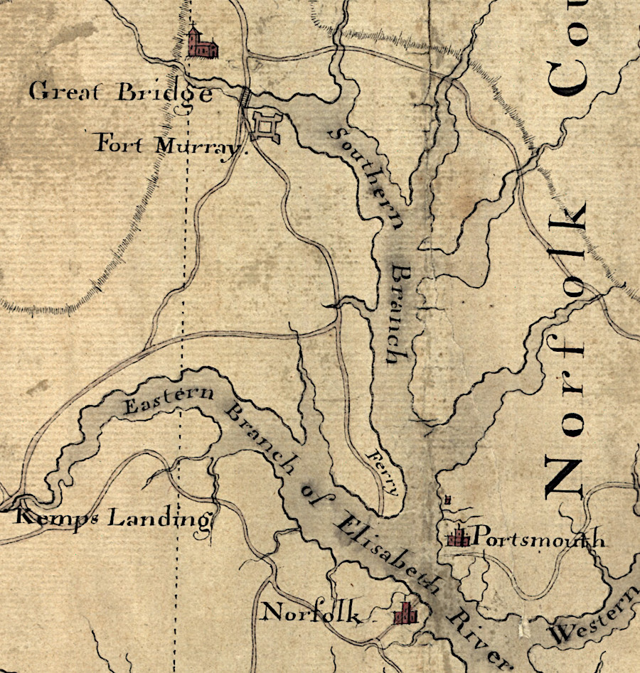 the road between Suffolk and Norfolk passed through Great Bridge in 1776