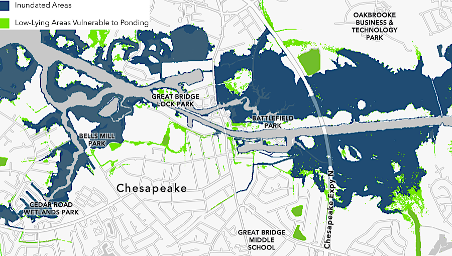 the site of the Battle of Great Bridge will be flooded by 1.5 feet of sea level rise