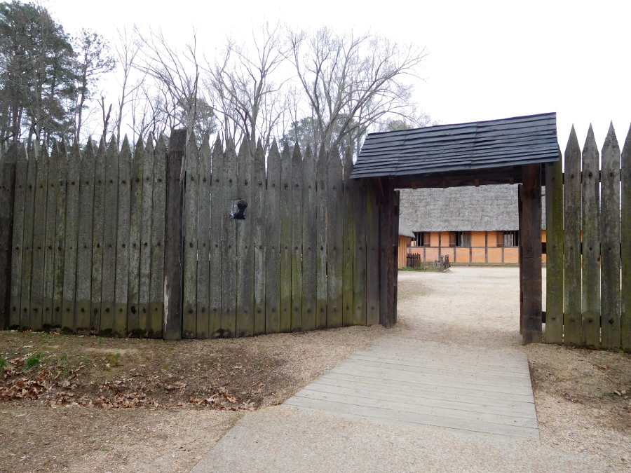 front gate of reconstructed fort at Jamestown Settlement, a tourism-based site operated by the state of Virginia since the 350th anniversary in 1957