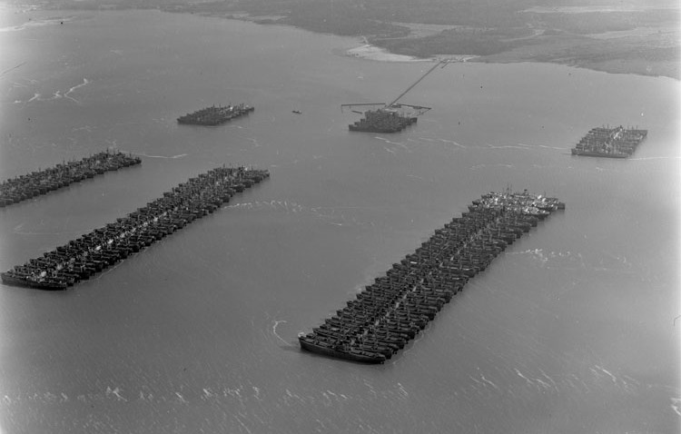 ships not needed after the end of World War II were mothballed and stored off Mulberry Point (Fort Eustis) in the James River