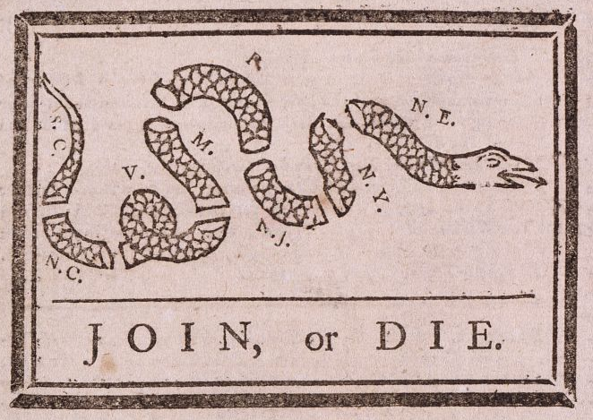 in 1754, at the start of the French and Indian War, Benjamin Franklin called unsuccessfully for united colonial action
