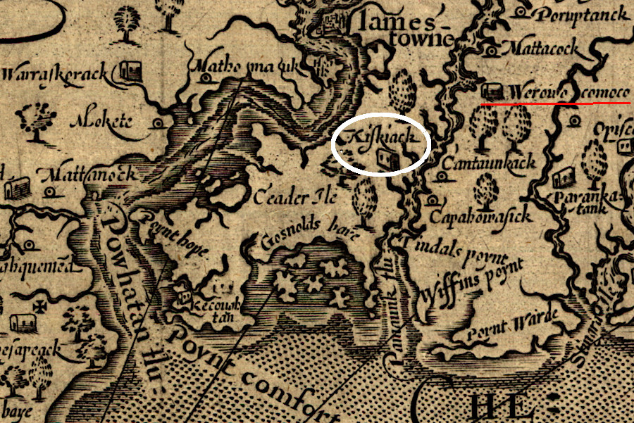 John Smith documented that Kiskiack was about 12 miles downstream from Werowocomoco