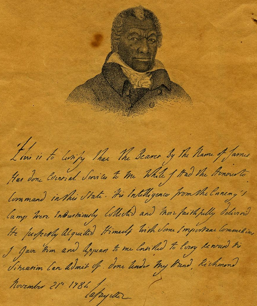 James served as a double agent in 1781, feeding information to British officers but actually serving as a spy for the Marquis de Lafayette