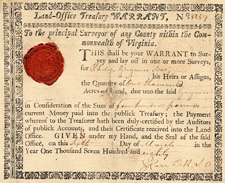 an official land warrant authorized surveyors to identify land in the Virginia Military District for veterans of the French and Indian War