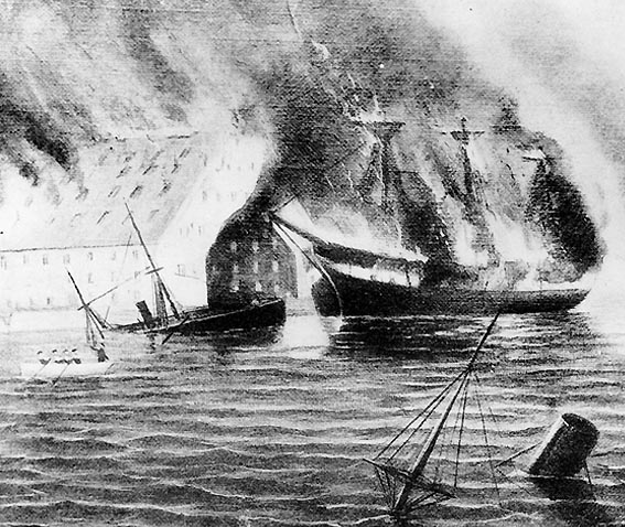 Federal forces burned the USS Merrimack along with the shipyard in 1861