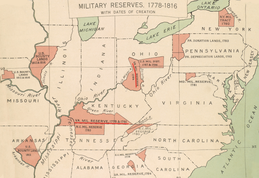 Virginia Revolutionary War veterans could claim land in two military districts, one on each side of the Ohio River in the modern states of Kentucky and Ohio