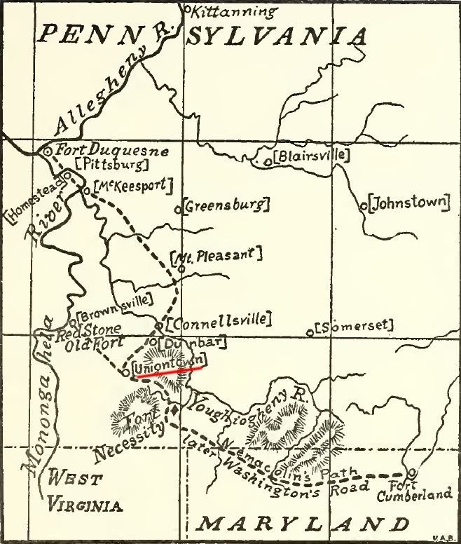 the Nemacolin Trail continued from modern Uniontown to the Monongahela River, diverging from the old path coming south from the Foks of the Ohio