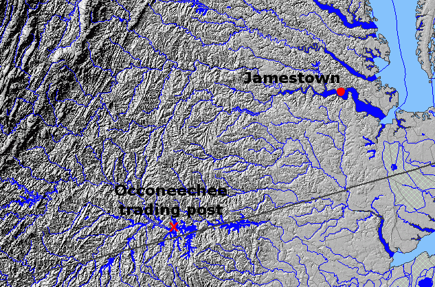 Occaneechi fur trading post, on the Roanoke River (now Kerr Reservoir)