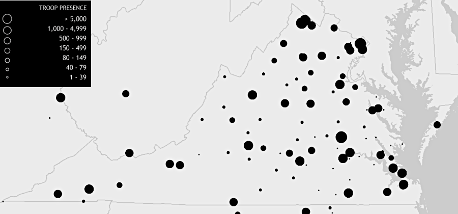 Union forces established bases for occupying Virginia after the defeat of the Confederacy in 1865