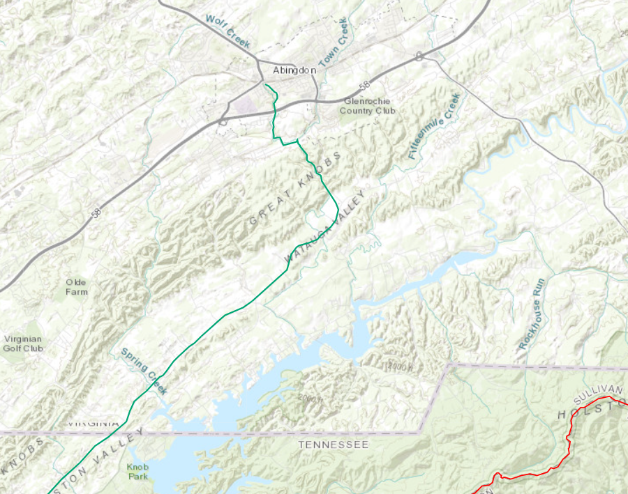 he Overmountain Men in Virginia gathered at Abingdon, now a starting point on the Overmountain Victory National Historic Trail (red line is Appalachian Trail)
