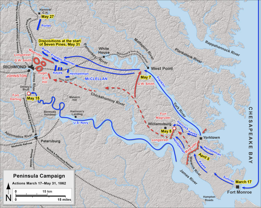 to bypass Confederate defenses along Bull Run, General McClellan used the US Navy to transport the Army of the Potomac to Fort Monroe and marched up the Peninsula to Richmond