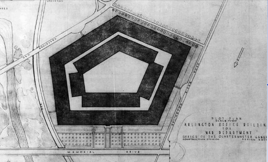 the shape of the initial parcel determined the shape of the five-sided Pentagon building (note direction of North)