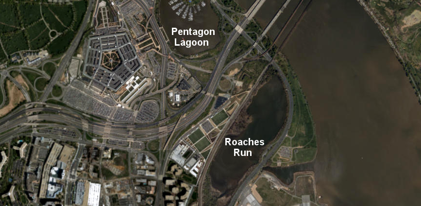 water is piped from the Pentagon Lagoon to the heating/cooling plant, and discharged into Roaches Run