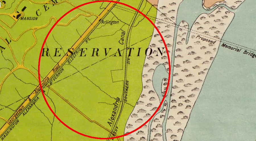 the original parcel where the US War Department headquarters was supposed to be constructed, between the old route of the Alexandria Canal and the Washington, Alexandria, and Mount Vernon Railway