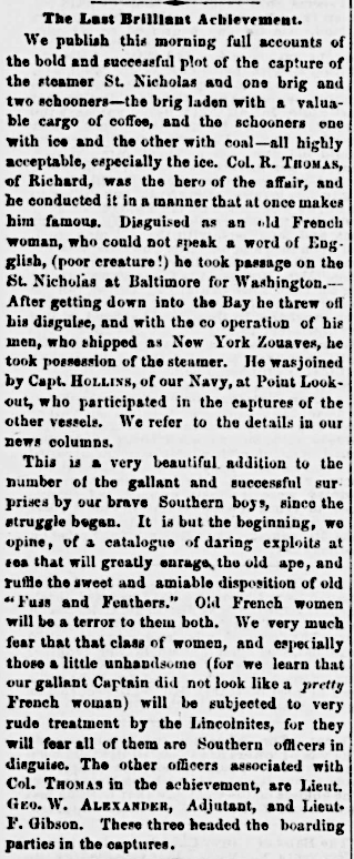a Richmond newspaper celebrated Confederate piracy in 1861, while a District of Columbia paper had a different angle