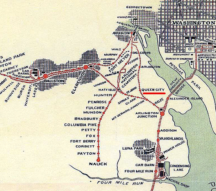 Queen City was one of the stops for the Washington-Virginia Railway Company, before construction of the Pentagon