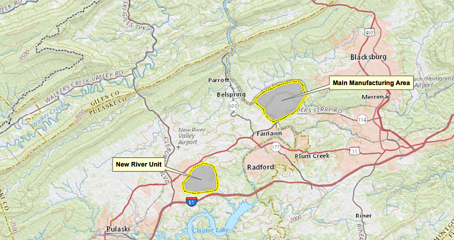 the Radford Army Ammunition Plant includes a New River Unit near Dublin in Pulaski County