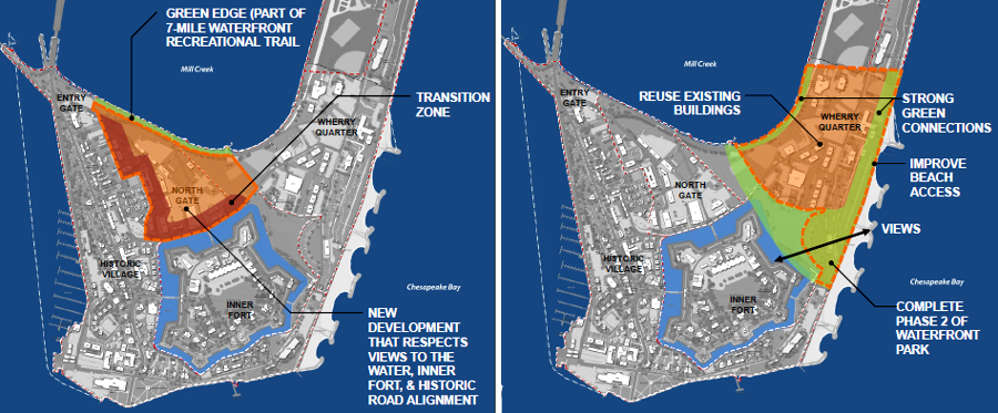 all reuse plans for Fort Monroe include redevelopment of the Historic Village and North Gate zones west and north of the historic fort, but proposals for the Wherry Quarter on the northeast side have generated controversy