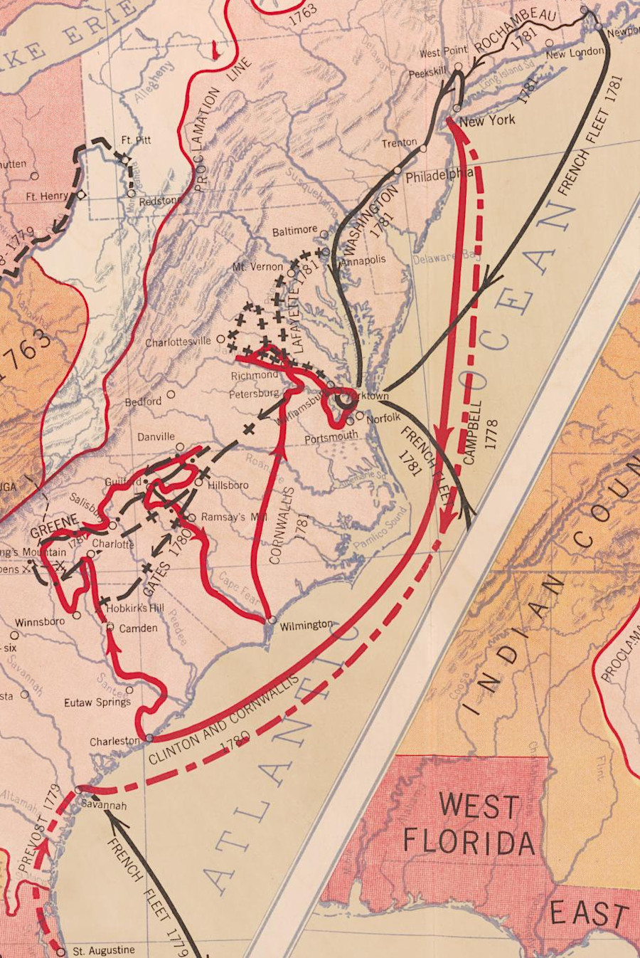 Cornwallis (red line) marched up from Charleston and across much of Virginia in 1781 before reaching Yorktown