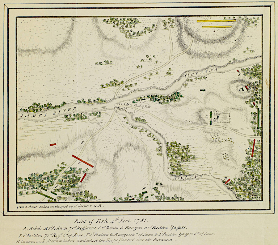 under Colonel John Simcoe, the Queen's Rangers (American Tories) captured Baron von Steuben's supply base at Point of Fork (modern-day Columbia) on June 5, 1781