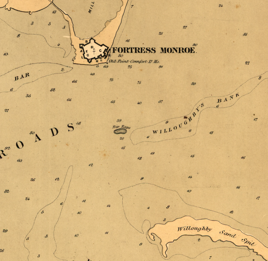 Rip-Raps shoal is located between Willoughby Spit and Point Comfort