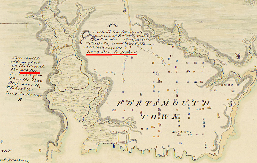 in the Revolutionary War, the British calculated that 2,300 men would be required to defend Portsmouth from an American land attack