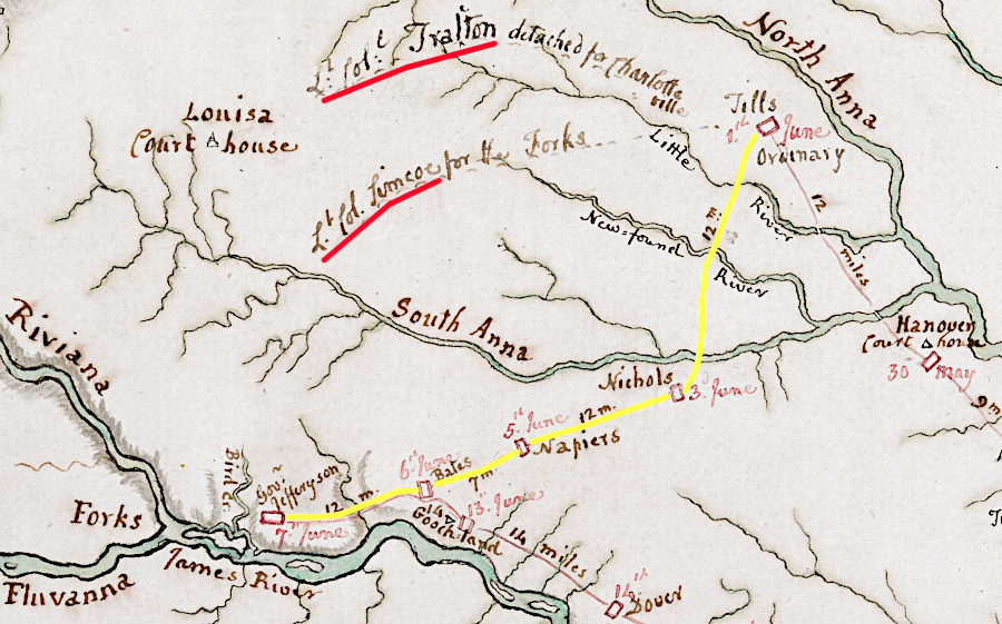 General Cornwallis dispatched troops under Col. Tarleton to Charlottesville and under Col. Simcoe to the Point of Fork on the James River