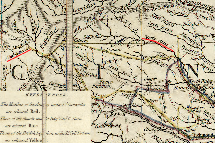 British cavalry under Banastre Tarleton sought to capture General Assembly officials and Gov. Thomas Jefferson on a raid from the North Anna River to Charlottesville in June, 1781