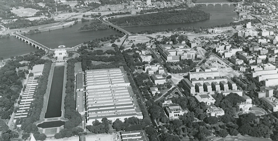 National Mall in World War II, showing the temporary buildings and Memorial Bridge over the Potomac River